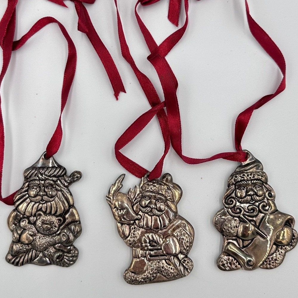 Gorham 1831 Christmas Santa Claus Ornaments Set of 3 Pewter Tone Hanging Ribbons